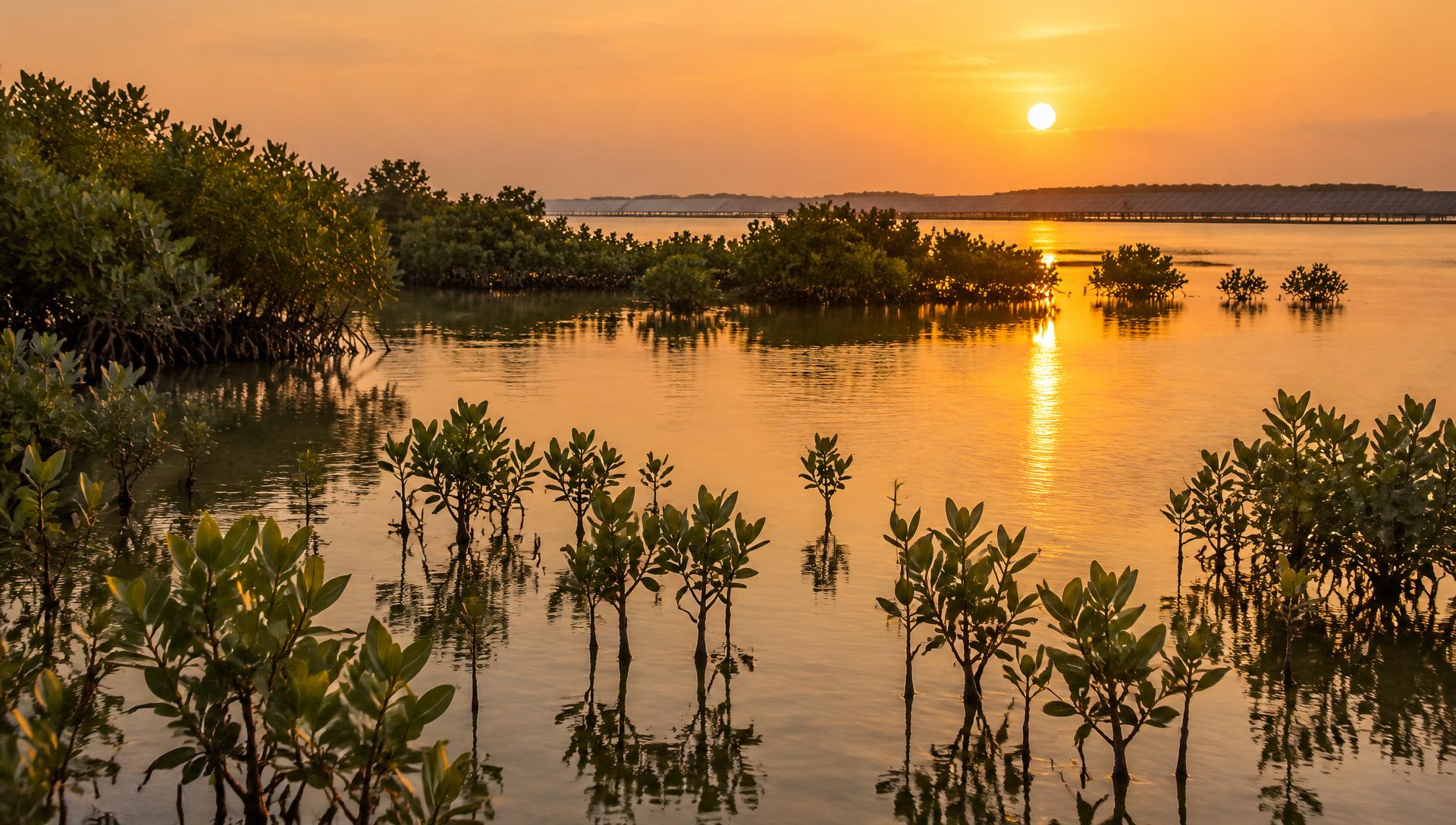Mangrove seedlings in shallow water at golden hour with a solar array on the distant horizon