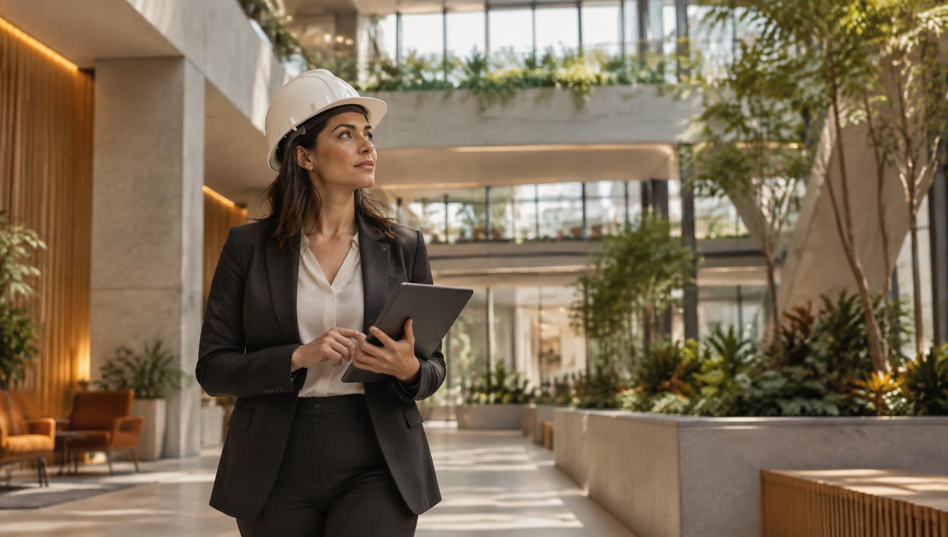 Sustainability assessor in a hard hat reviewing a building in a light-filled commercial atrium