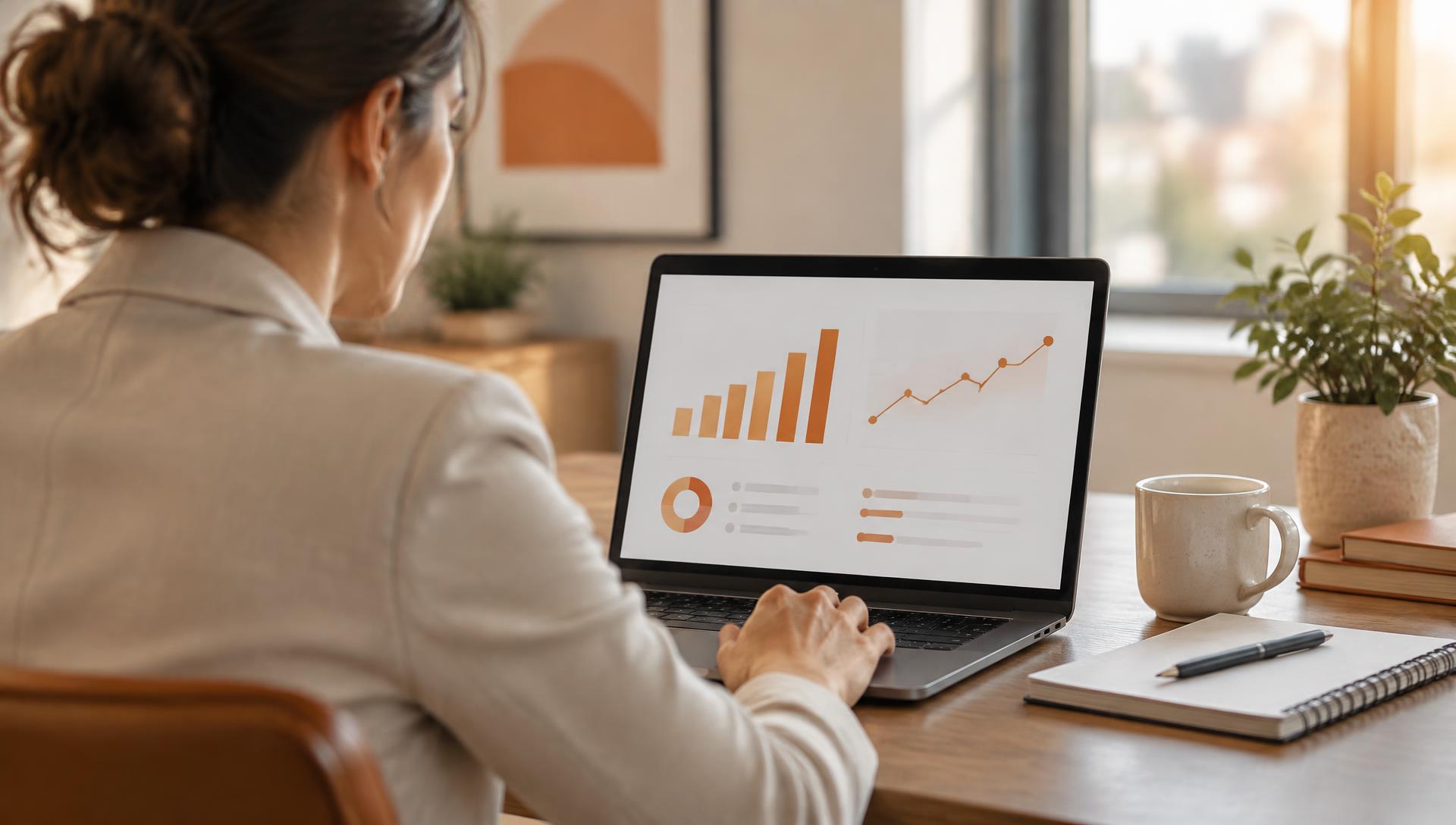 Person reviewing an ESG reporting dashboard of energy and carbon charts on a laptop in a bright office