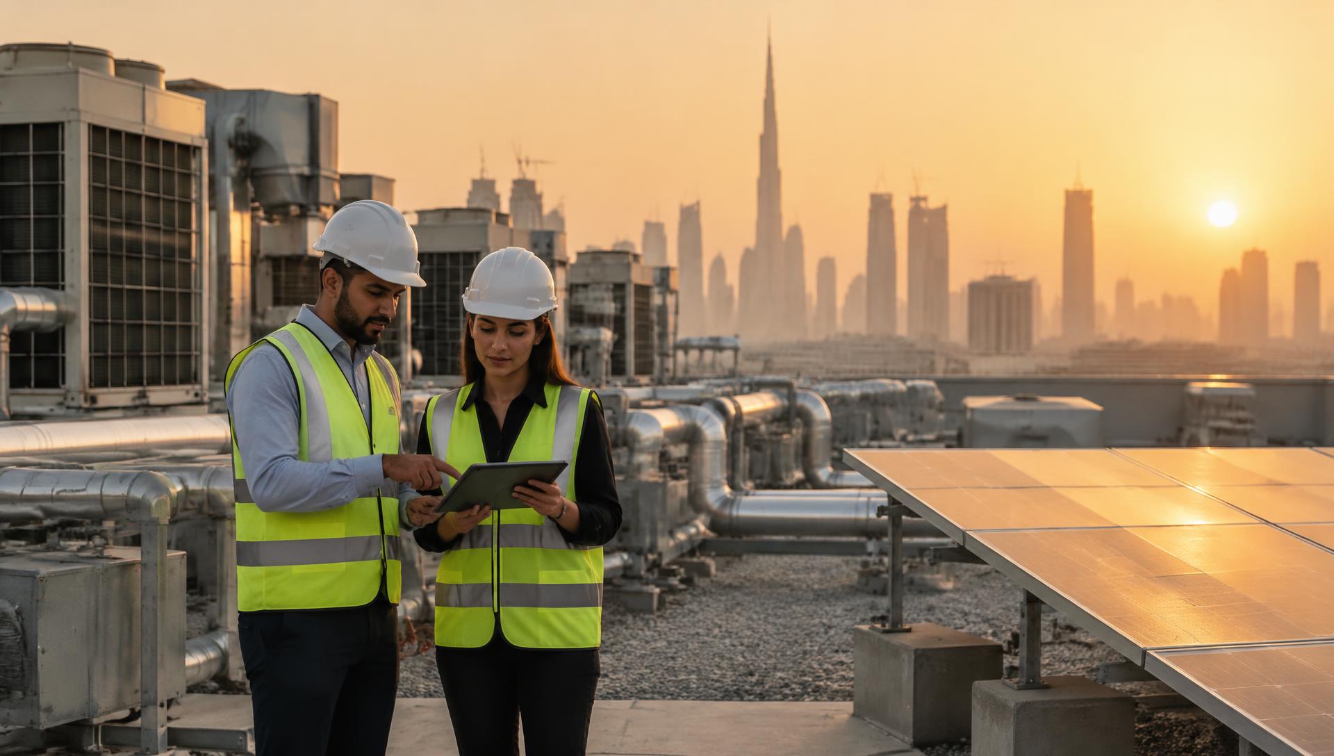 Two Farnek consultants in hard hats on a commercial building rooftop reviewing asset and energy data on a tablet, with rooftop plant and a city skyline in warm haze