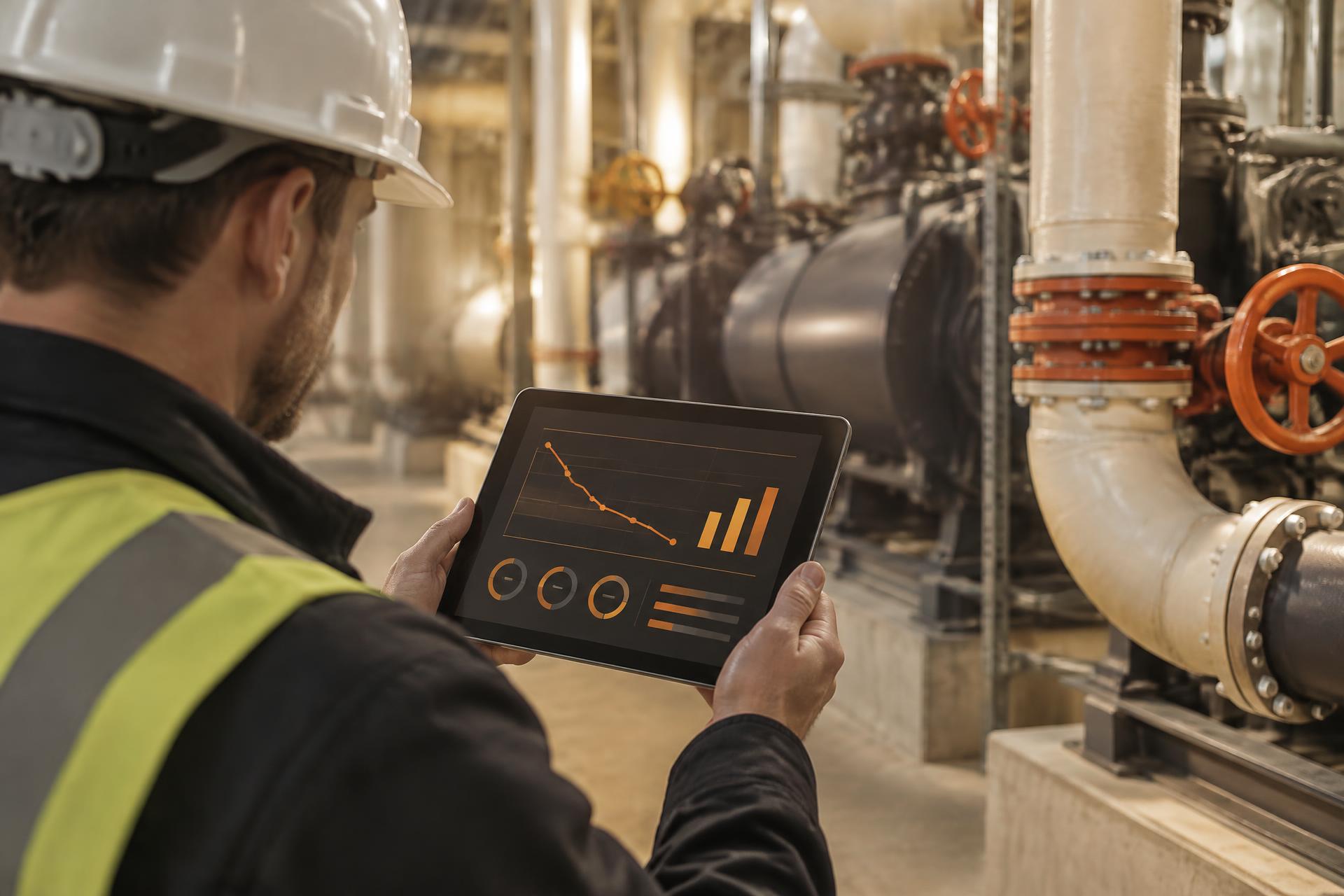 Consultant in a plant room checking a tablet showing measured energy trends, with pipework and valves behind