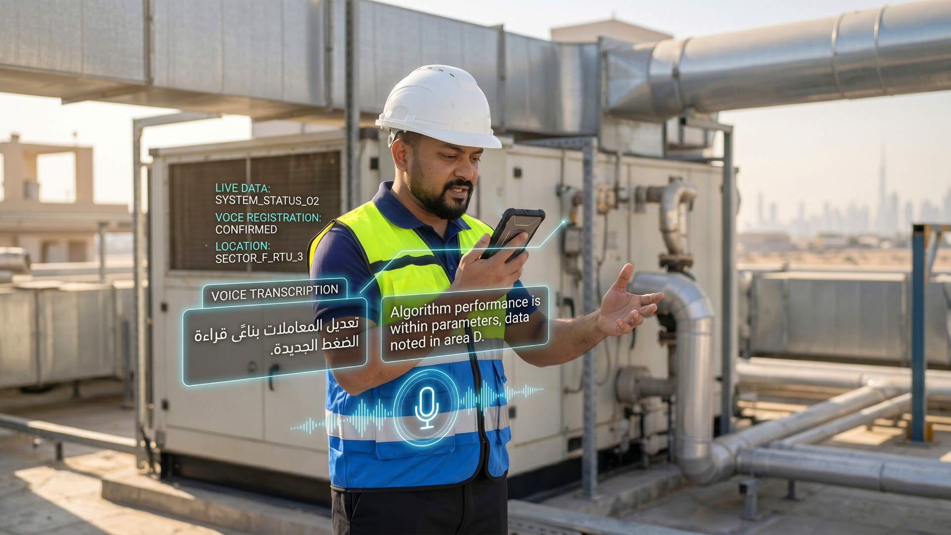Technician capturing rooftop equipment inspection observations on a mobile device