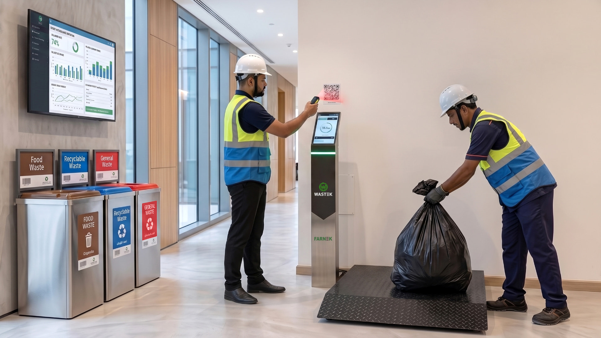 WASTEK smart waste station with colour-coded food waste, recyclable and general waste bins, a floor weighing scale and a wall-mounted waste dashboard, while two operatives scan and weigh a waste bag