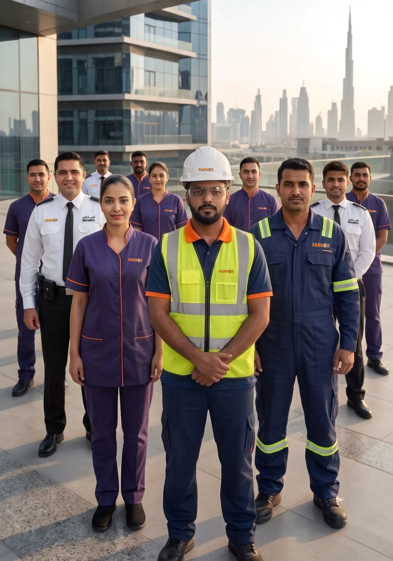 Farnek supervisors, security, housekeeping and technical staff in uniform standing together in front of a Dubai tower